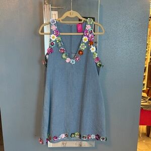 Floral Embellished Blue denim dress